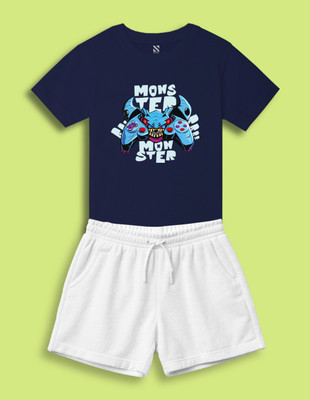 Nusyl Boys Casual T-shirt Shorts(Navy Blue & White)