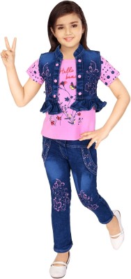 I Naina Dresses Girls Party(Festive) Jacket Jeans, T-shirt(Pink)