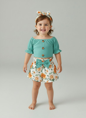PORPY Baby Girls Disney Princess Party(Festive) Top Shorts, Hairband(Teal Green)