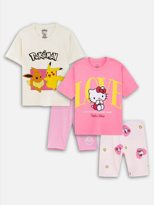 Nap Chief Girls Pokemon Casual T-shirt Shorts(Pink/Off White)