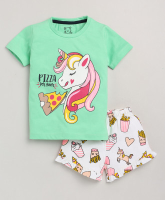 Lazy Shark Girls Casual T-shirt Shorts(Grey & Yellow)