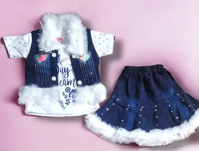 Vinay creation Baby Girls Party(Festive) Top Skirt, Jacket(Blue, white)