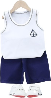 Beanies & Rompers Baby Boys Casual T-shirt Shorts(White, Navy Blue)