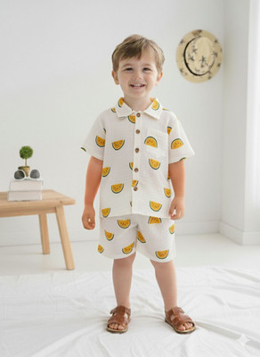 AADHYAFASHION Boys Casual Shirt Shorts(White, Yellow)