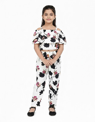 Mayas fashion Girls Party(Festive) Top Pant(White, Black Print)