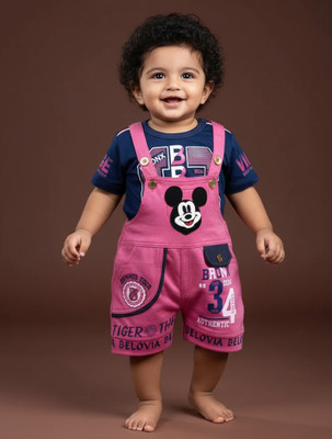 LAXIO Baby Boys & Baby Girls Mickey Casual T-shirt Dungaree(Pink & Navy Blue)
