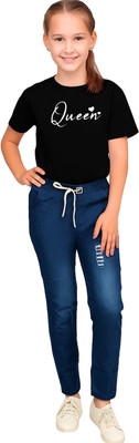 TJSFASHION TREND Girls Casual T-shirt Jeans(Black & Blue)