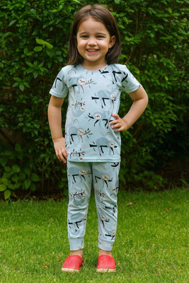 Piku Store Baby Girls Casual T-shirt Track Pants(Light Blue:Koala)