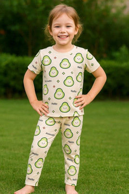 Piku Store Baby Girls Casual T-shirt Track Pants(Cream:Avocado)