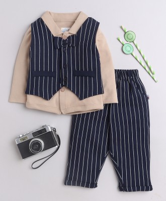 BUMZEE Boys Party(Festive) Shirt Pant, Waistcoat(Beige & Navy)