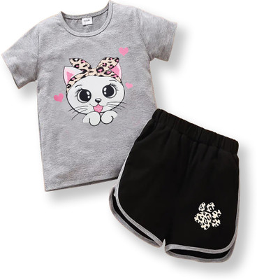 KEESOR Girls Casual T-shirt Shorts(GREY MELLANGE)