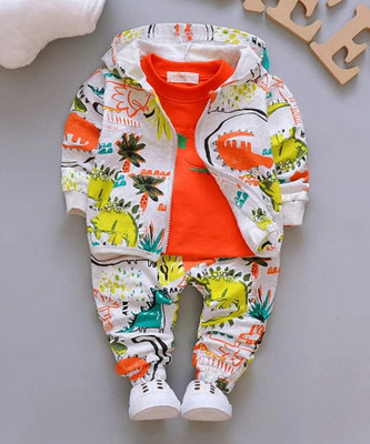 ZAFROONKIDZE Baby Boys & Baby Girls Dinosaur Party(Festive) Jacket Track Pants(ORANGE)