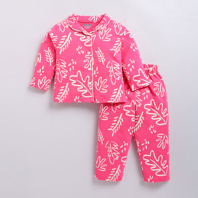 Snuggly Monkey Kids Nightwear Girls Graphic Print Cotton(Pink Pack of 1)