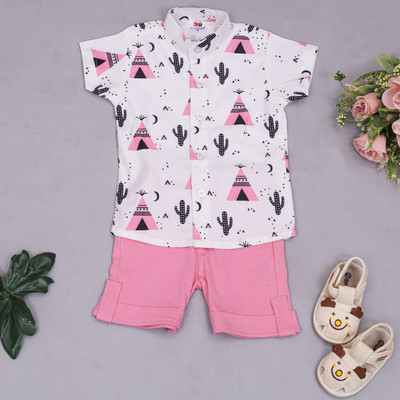 DEVNSH CREATION Baby Boys Casual Shirt Shorts(White & Pink)
