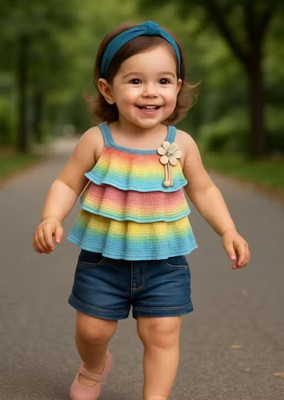 VAIKU CREATION Baby Girls Casual Top Shorts(Rainbow frill shoulder strap top,blue denim short)