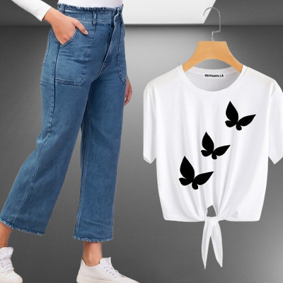 Srfashionglobel Girls Casual T-shirt Jeans(White)