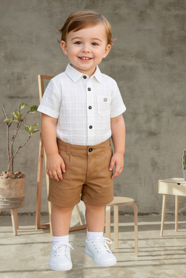 KRIYU CREATION Boys Dora Casual Shirt Shorts(white Khakhi)