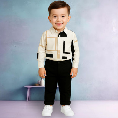 menvy Baby Boys Party(Festive) Shirt Pant(WHITE GEOMETRIC PATTERN)