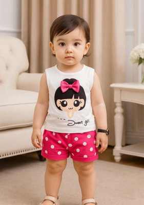 MUSNAHGARMENTS Girls Casual T-shirt Shorts(White & Pink)