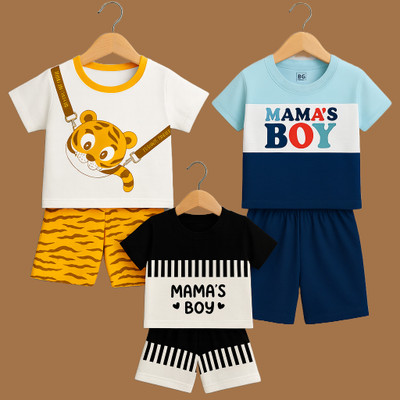 BOUNCEGARMENTS Boys Casual T-shirt Shorts(Black & White, Sky Blue & Navy Blue, White & Mustard Yellow)