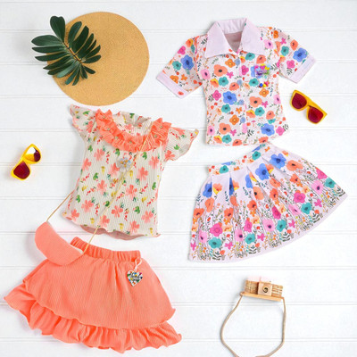 HALDER Baby Girls Casual Top Skirt(Orange & Blue)