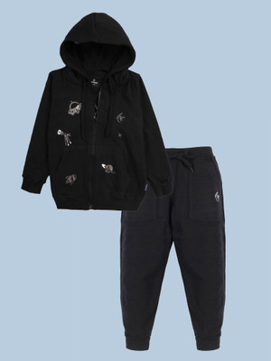 KiddoPanti Boys Casual Sweatshirt Track Pants(Black Space Theme & Black)