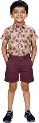 puppy shame Boys Casual Shirt Shorts(OFFWHITE/BROWN)