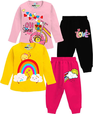 MINI MYN Baby Girls Casual T-shirt Pyjama(Baby Pink, Yellow, Pink, Black)