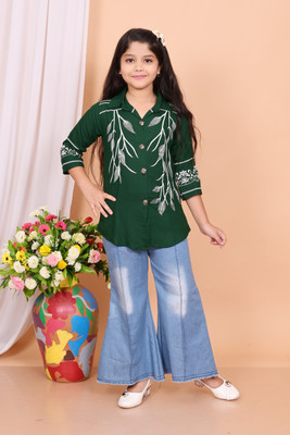 R FASHION Girls Casual Top Jeans(Green)