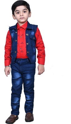 Bold Born Boys Casual Jacket Jeans, Shirt(Blue Red)