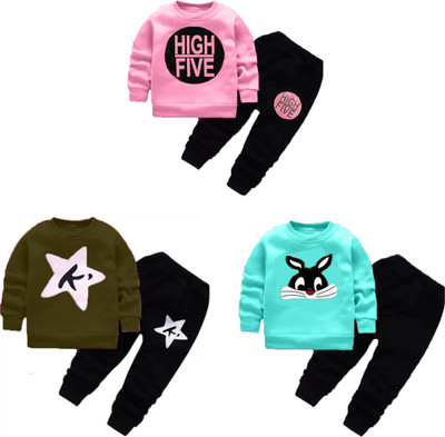 Cute N Tight Boys & Girls Casual T-shirt Pant(Hifi BabyPink, Kstar Olive and Cat LightBlue)