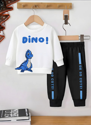Afreen Creations Baby Boys & Baby Girls Dinosaur Party(Festive) T-shirt Track Pants(WHITE/BLUE/BLACK)