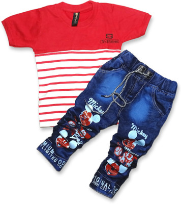 Fashion Stufff Boys Mickey Party(Festive) T-shirt Jeans(Red)