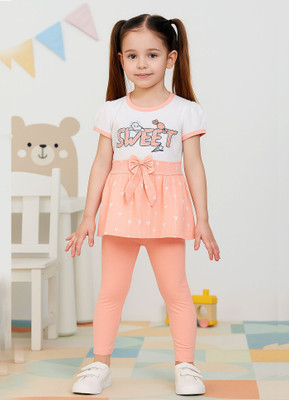 Zeal G Baby Girls Casual Dress Top, Legging(Peach & White)