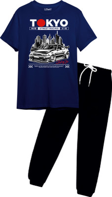Litway Boys Casual T-shirt Track Pants(Navy Blue)