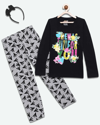 HouseOfCommon Girls Casual Pyjama Sleepsuit(BLK_DUK)