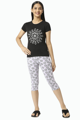 SINI MINI Girls Casual Capri Sleepsuit(BLK_SNOW)