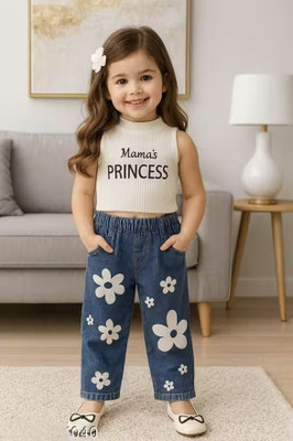 MHABIBA Baby Girls Party(Festive) Jeans Top(White, Blue)