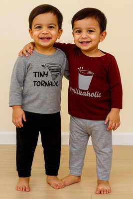 Piku Store Baby Boys & Baby Girls Casual T-shirt Pyjama(Maroon & Light Grey)