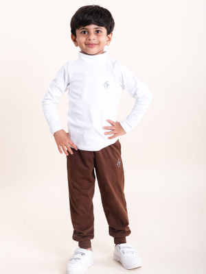 KiddoPanti Boys Casual T-shirt Track Pants(White & Coffee Brown)