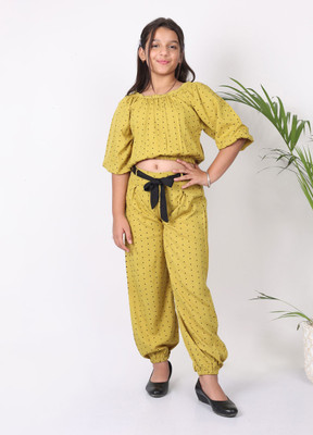 SILK SPAROW Girls Casual Top Pant(Mehndi Green & Black)