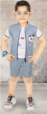 Choo Choo Boys Casual Waistcoat Shorts, T-shirt(Silver)