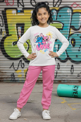 YK Disney Girls Casual T-shirt Track Pants(White, Pink)