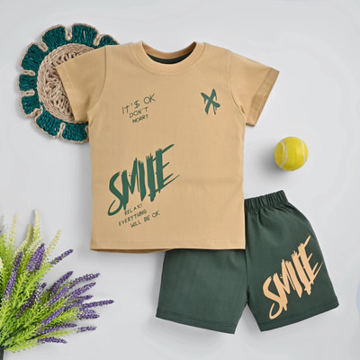 KidsCute Boys Casual T-shirt Shorts(BEIGE DARKGREEN)