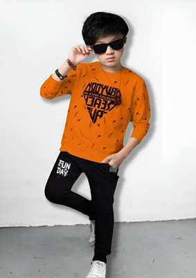 Ticoss Boys Casual T-shirt Trouser(Orange, Black)