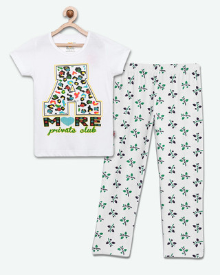 SINI MINI Girls Casual Pyjama Sleepsuit(WHT_LEAF)