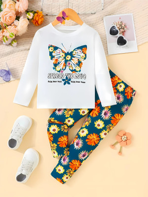 AVOVU Girls Casual T-shirt Legging(White & Multicolor)