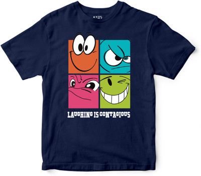 AYMY Boys & Girls Printed Cotton Blend Regular T Shirt(Blue, Pack of 1)