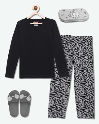 HouseOfCommon Girls Casual Pyjama Sleepsuit(BLK_ZEE)