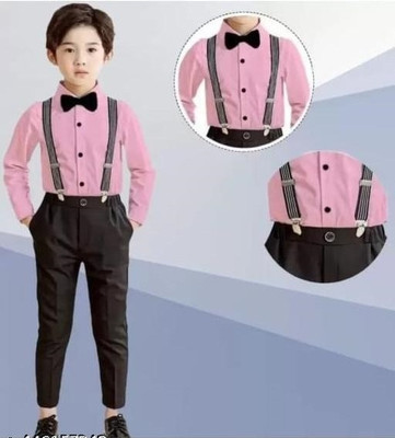 KRIYU CREATION Boys Party(Festive) Shirt Pant, Bow Tie, Suspenders(PINK)
